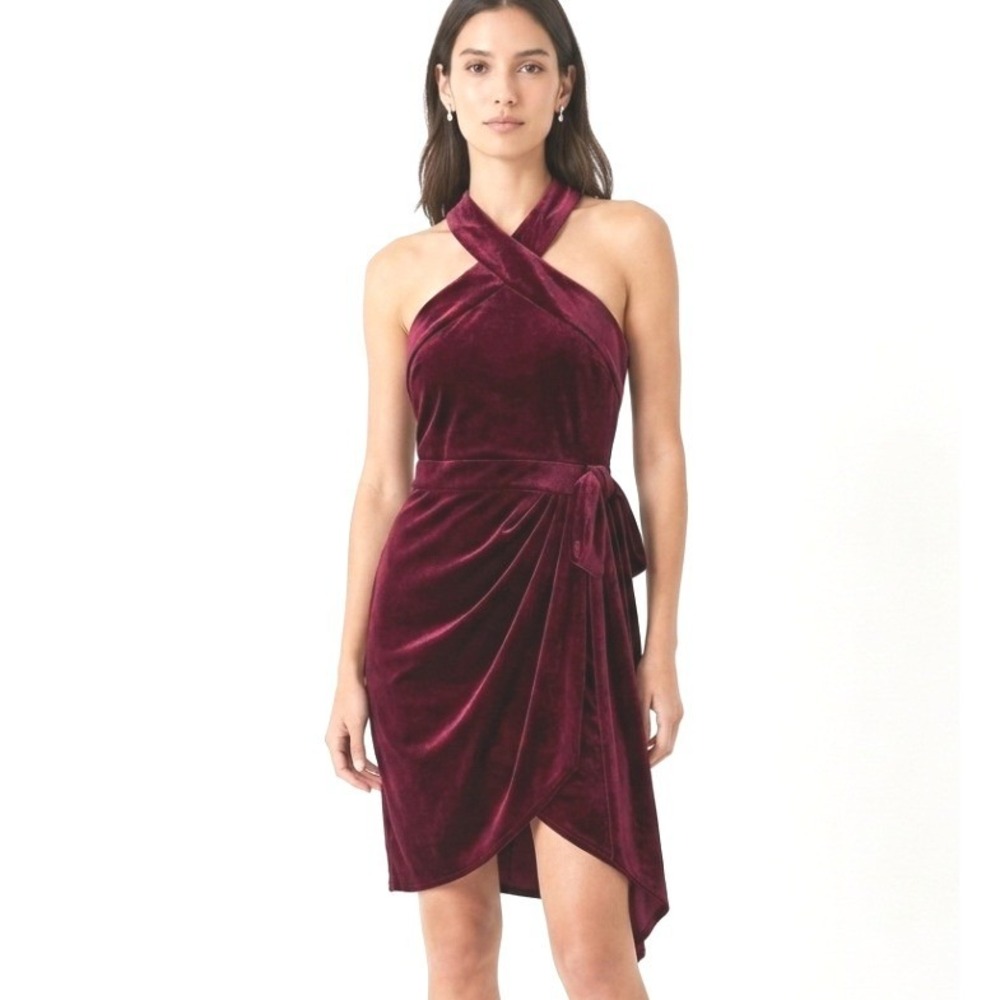 Belle Badgley Mischka Velvet Dress Womens 8 Burgundy Halter Wrap Cocktail Party